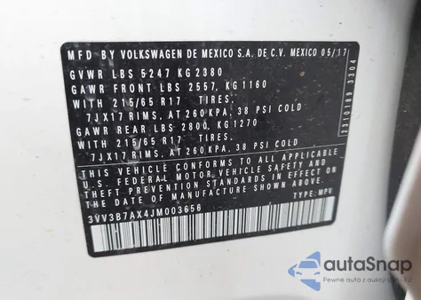 2018 Volkswagen Tiguan 2.0T Se/2.0T Sel z USA, uszkodzony, nr VIN 3VV3B7AX4JM003656